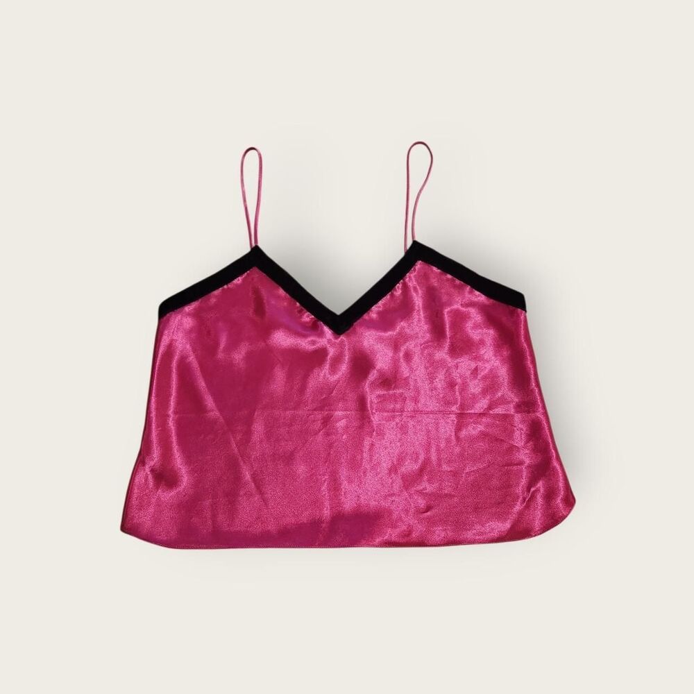 Vtg 90s Victoria's Secret gold label hot pink w/ black neckline cropped camisole
